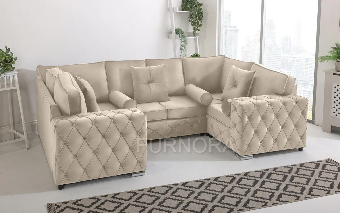 Milton U-Shaped 6-Seater Sofa – Plush Velvet with Full Back Cushions